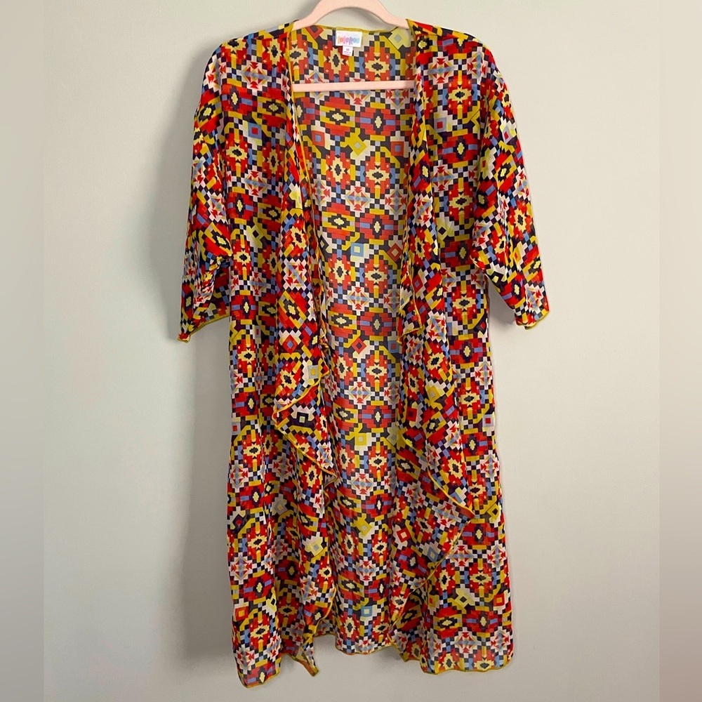 Lularoe Geometric Sheer Shirley Kimono Swimsuit Coverup Red White Blue Yellow